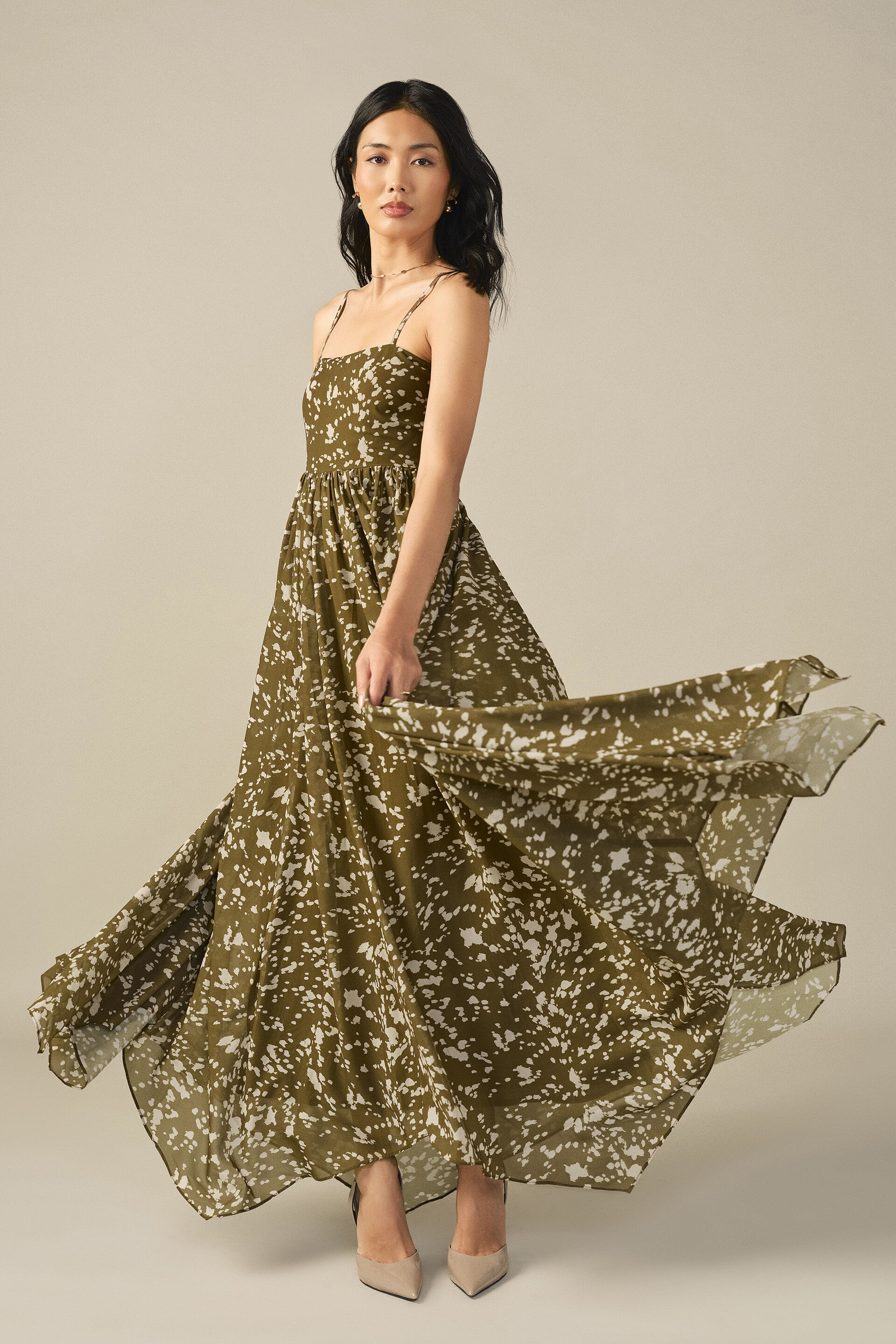 Printed Maxi Dress in Olive, Green, image 3